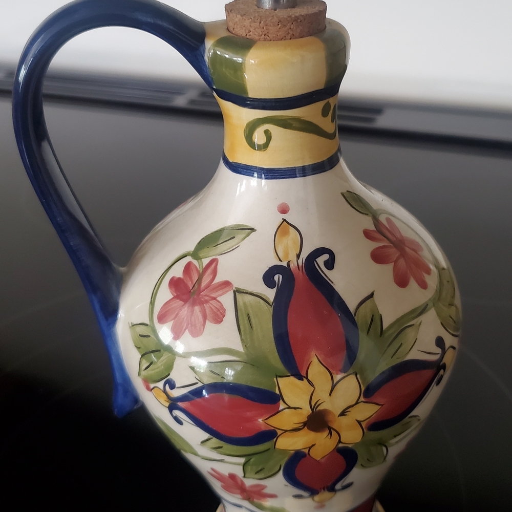 NWOT Ceramic Oil/Dressing Dispenser Floral with Blue Handle